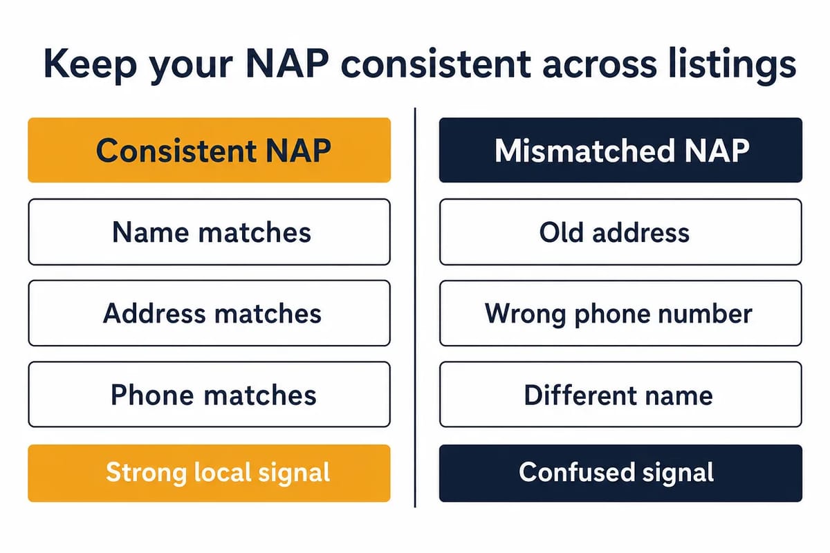 Consistent NAP across listings gives a strong local signal; mismatched NAP confuses it.