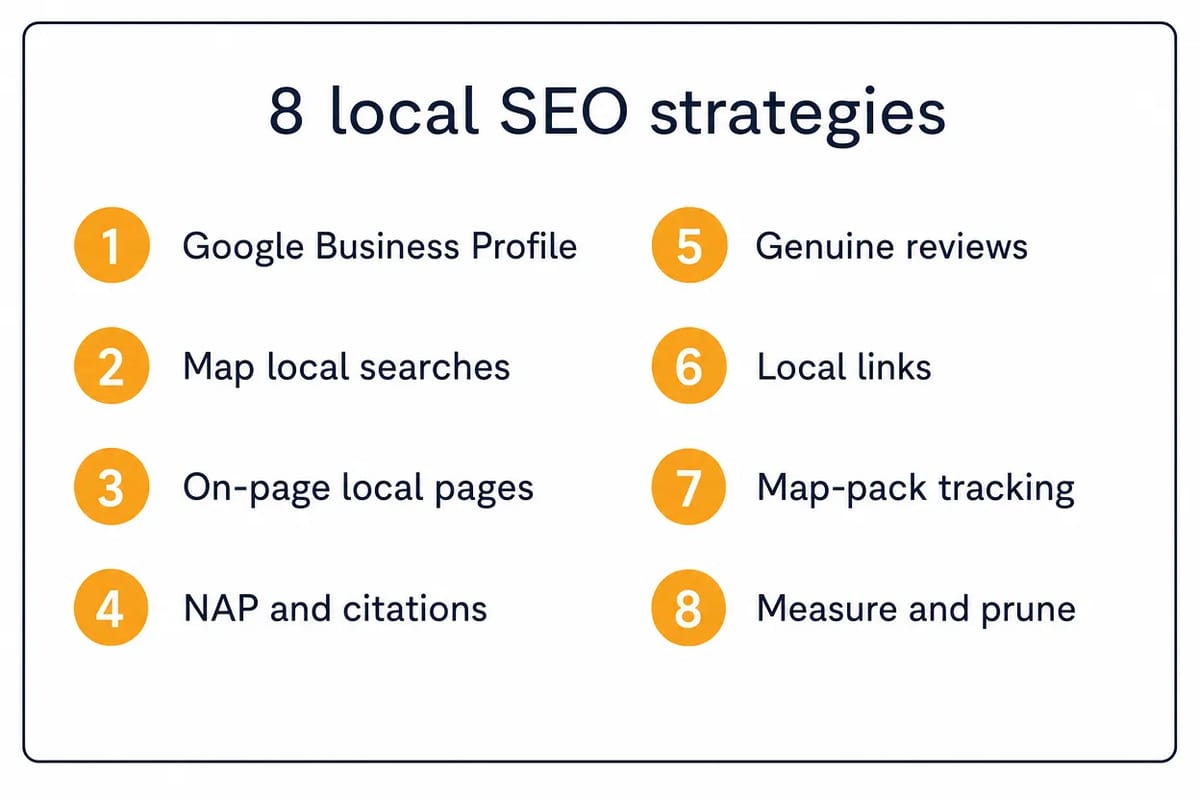 Eight local SEO strategies numbered from Google Business Profile to measure and prune.