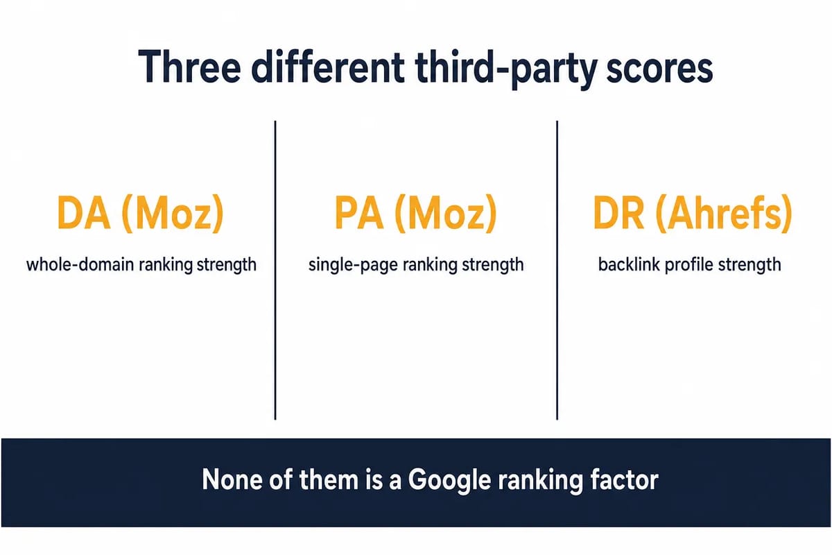 Card comparing Moz DA, Moz PA and Ahrefs DR, noting none of the three is a Google ranking factor.
