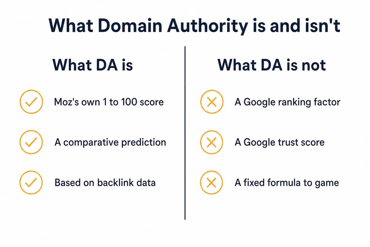 Two-column card contrasting what Domain Authority is with what it is not, such as a Google ranking factor.