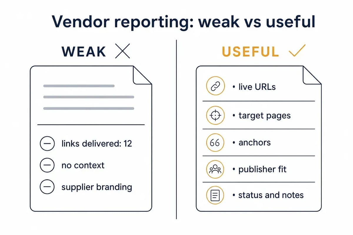 Comparison of weak vs useful vendor link building reports