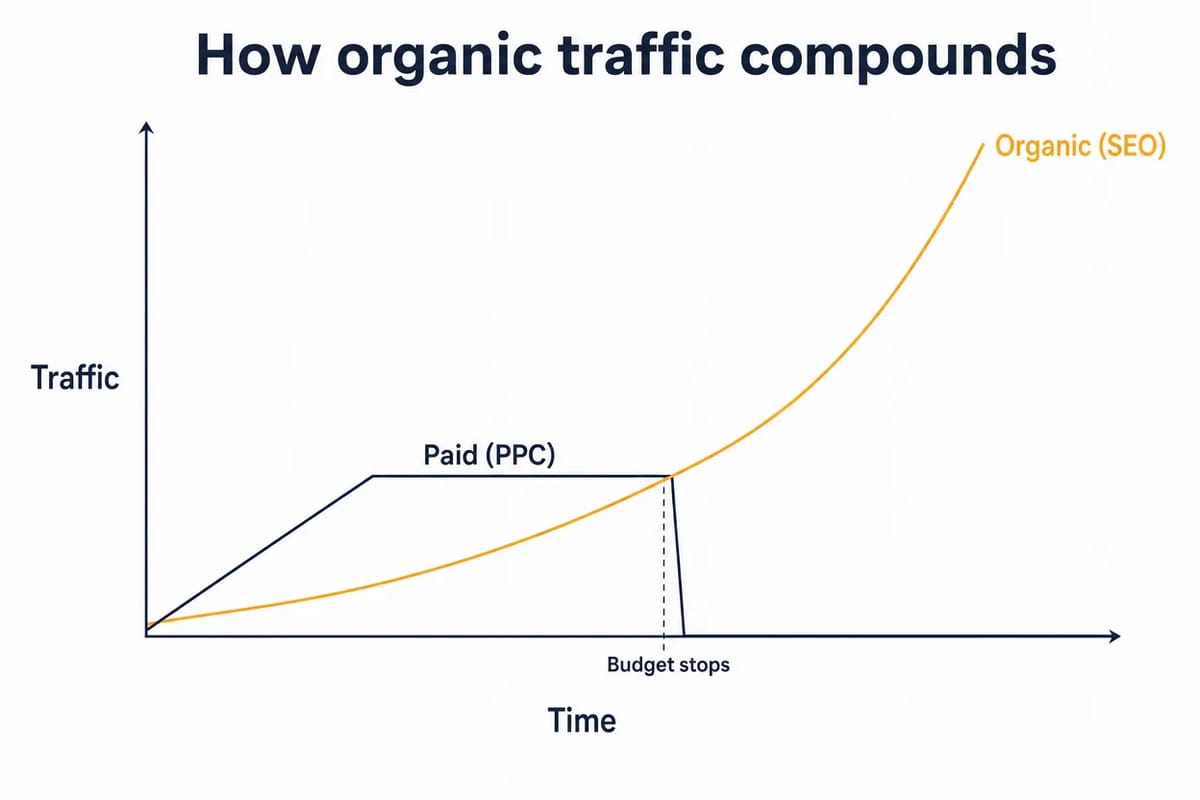 Line chart showing organic traffic compounding upward while paid traffic stops when budget ends.