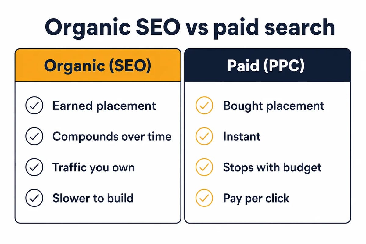 Comparison of organic SEO and paid search across placement, speed, ownership and cost.