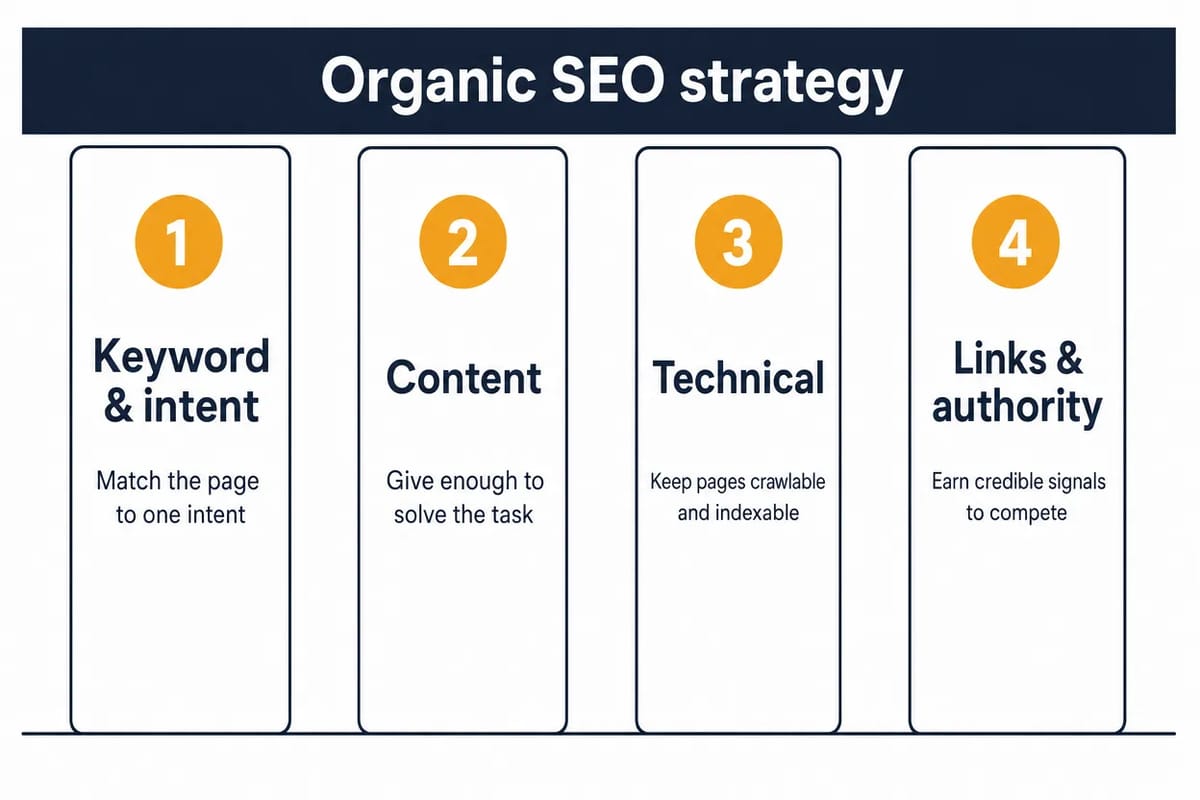 Four pillars of an organic SEO strategy: keyword and intent, content, technical and links.