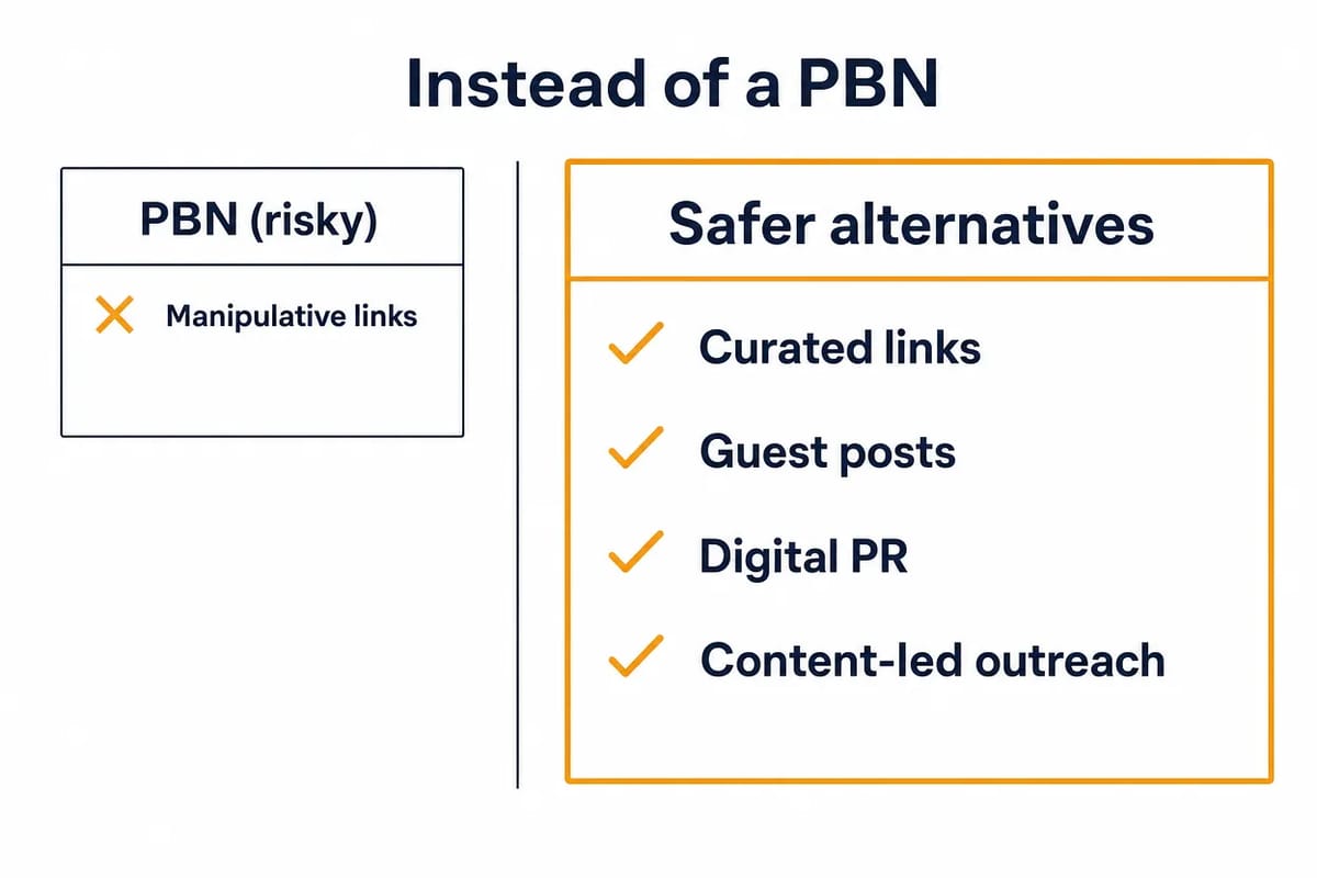 Steer card contrasting a risky PBN with safer alternatives: curated links, guest posts, digital PR and outreach.