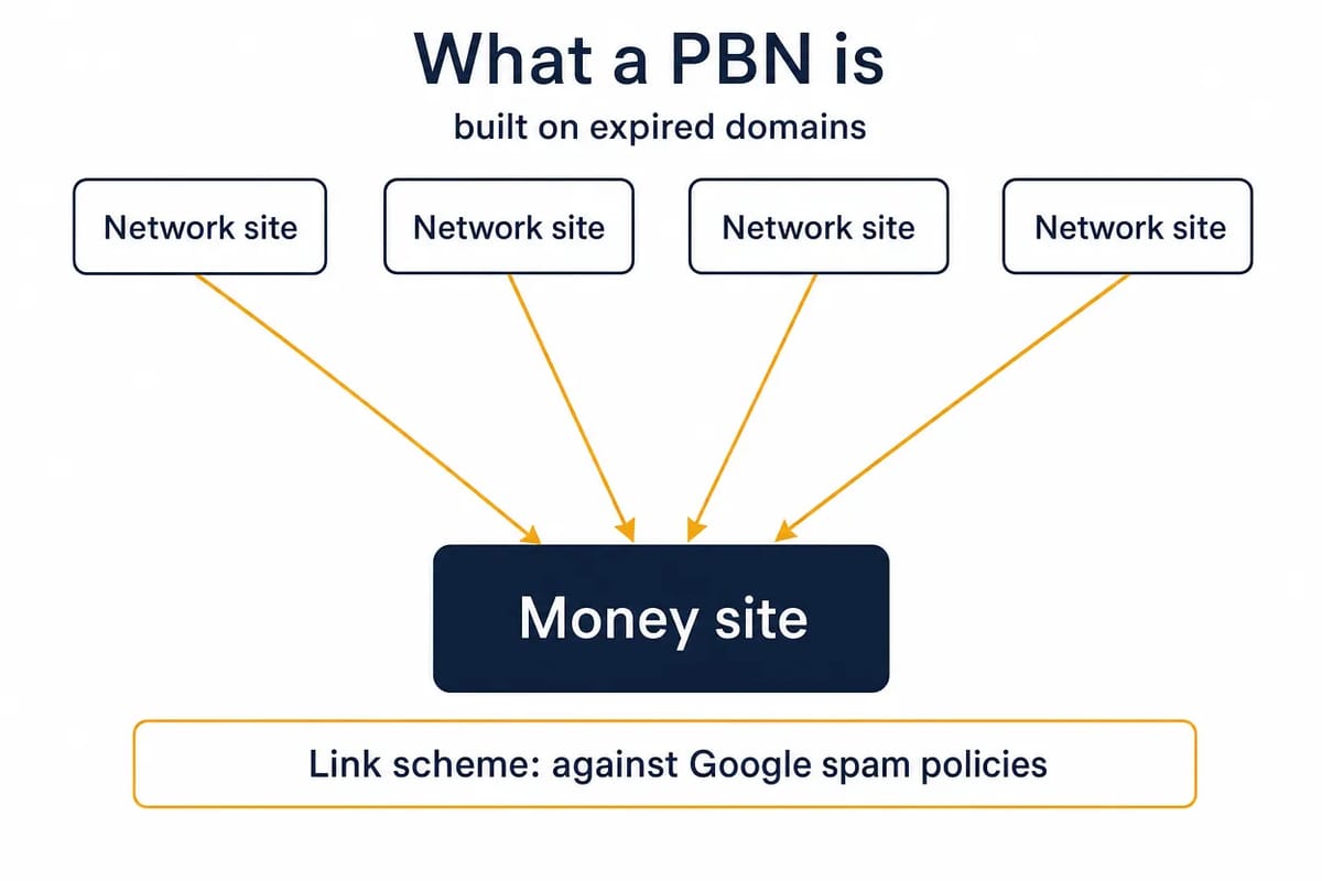 Diagram of a PBN: several network sites built on expired domains linking to one money site, flagged as a link scheme.