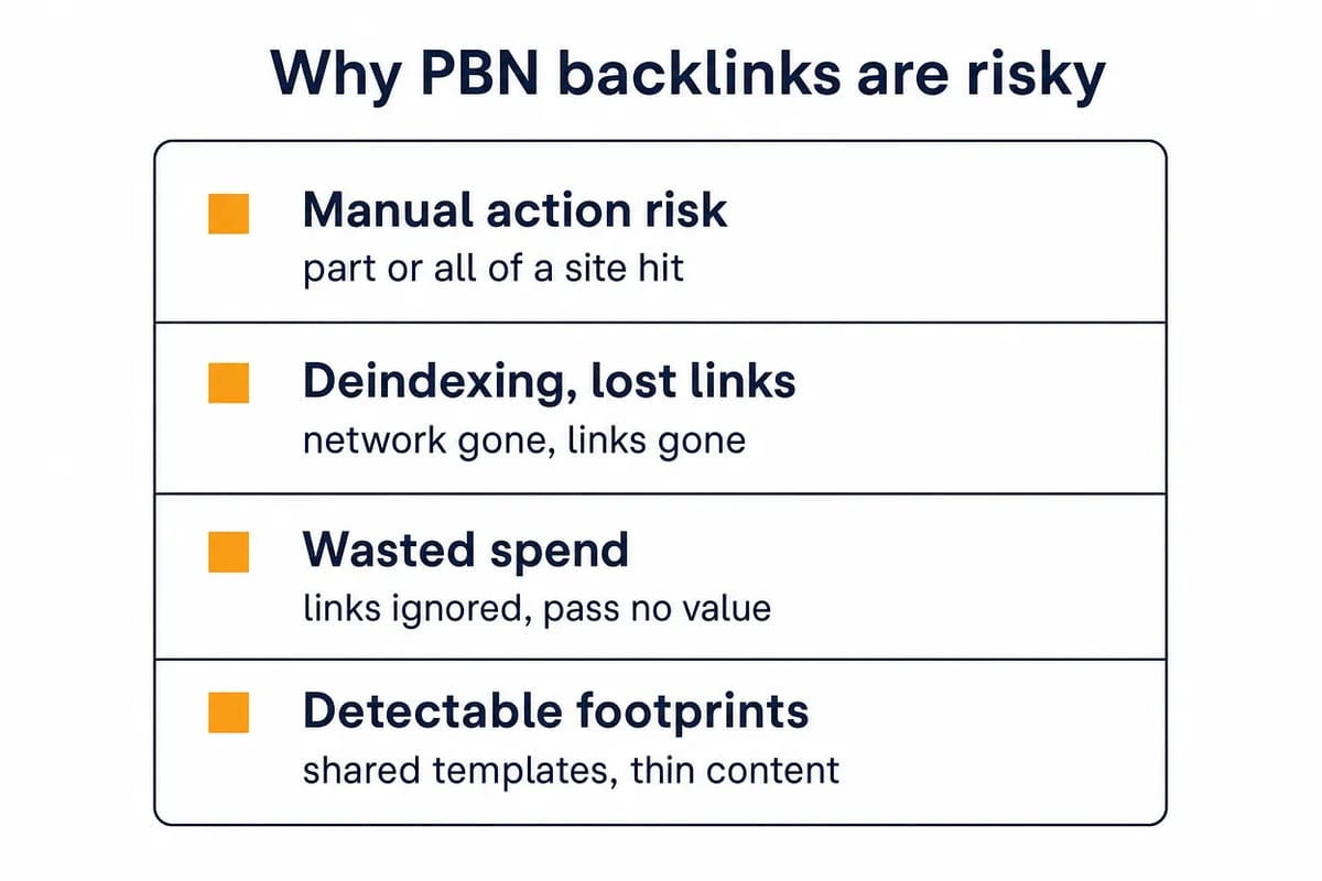 Risk card listing four PBN dangers: manual action, deindexing, wasted spend and detectable footprints.