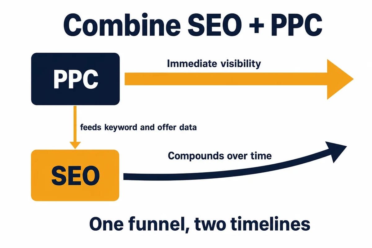 Diagram showing PPC feeding keyword and offer data into SEO for compounding organic traffic.