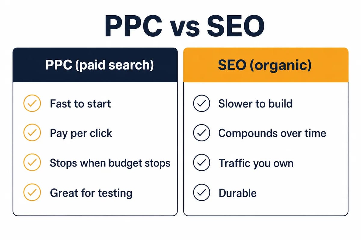 PPC vs SEO comparison card contrasting fast-starting paid search with slower, compounding organic traffic.