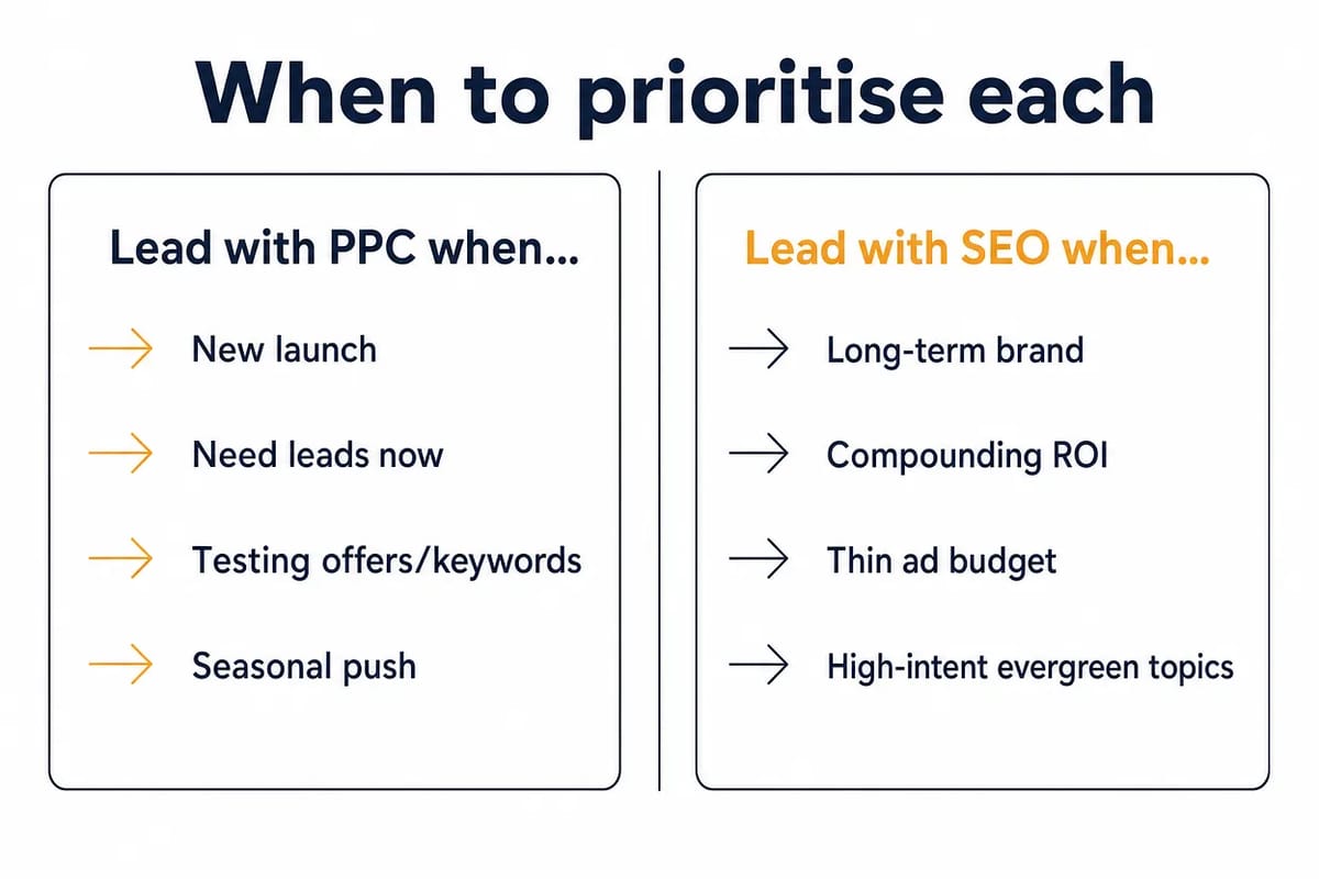 Decision card showing when to prioritise PPC versus when to prioritise SEO for a campaign.