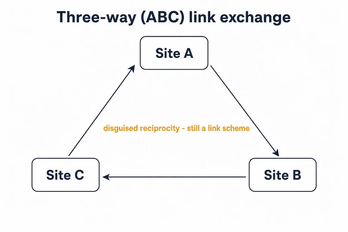 Triangle diagram of a three-way ABC link exchange looping from Site A to B to C and back.