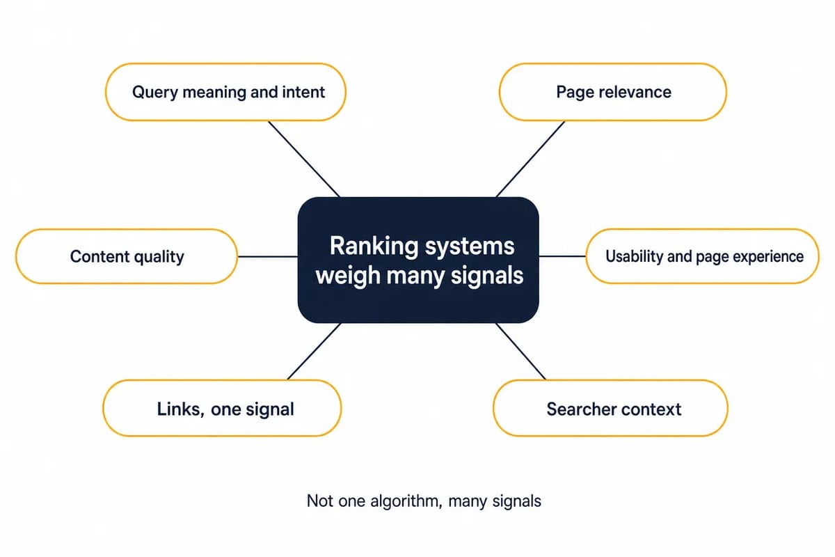 Concept diagram: ranking systems weigh many signals including query intent, relevance, quality, usability, links and context.
