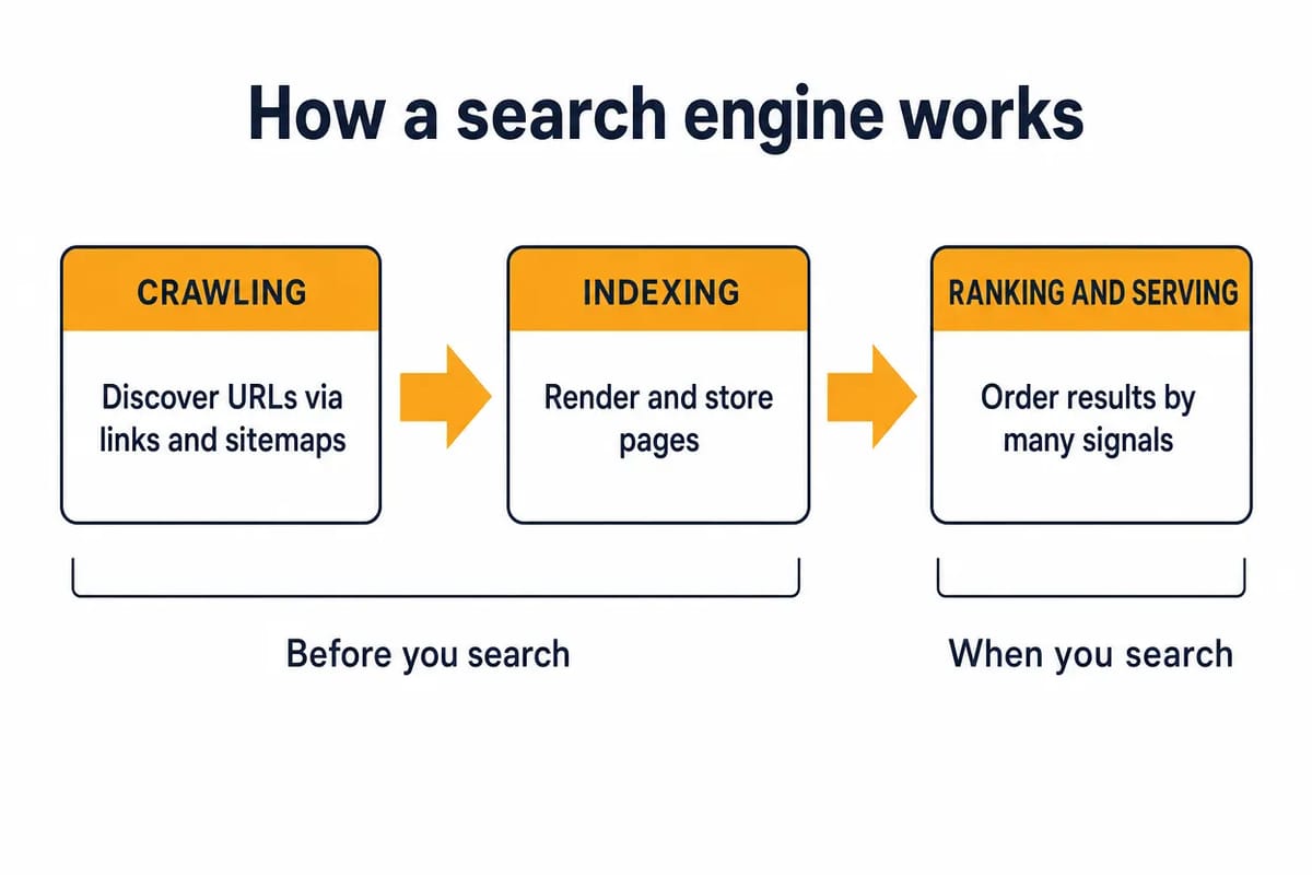 Diagram of how a search engine works: crawling to discover URLs, indexing to store pages, then ranking and serving results.