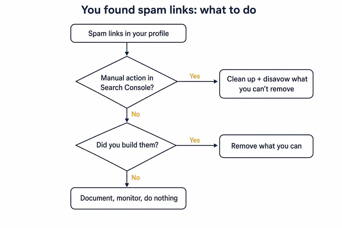 Decision flowchart for what to do after finding spam links, branching on manual actions and origin.