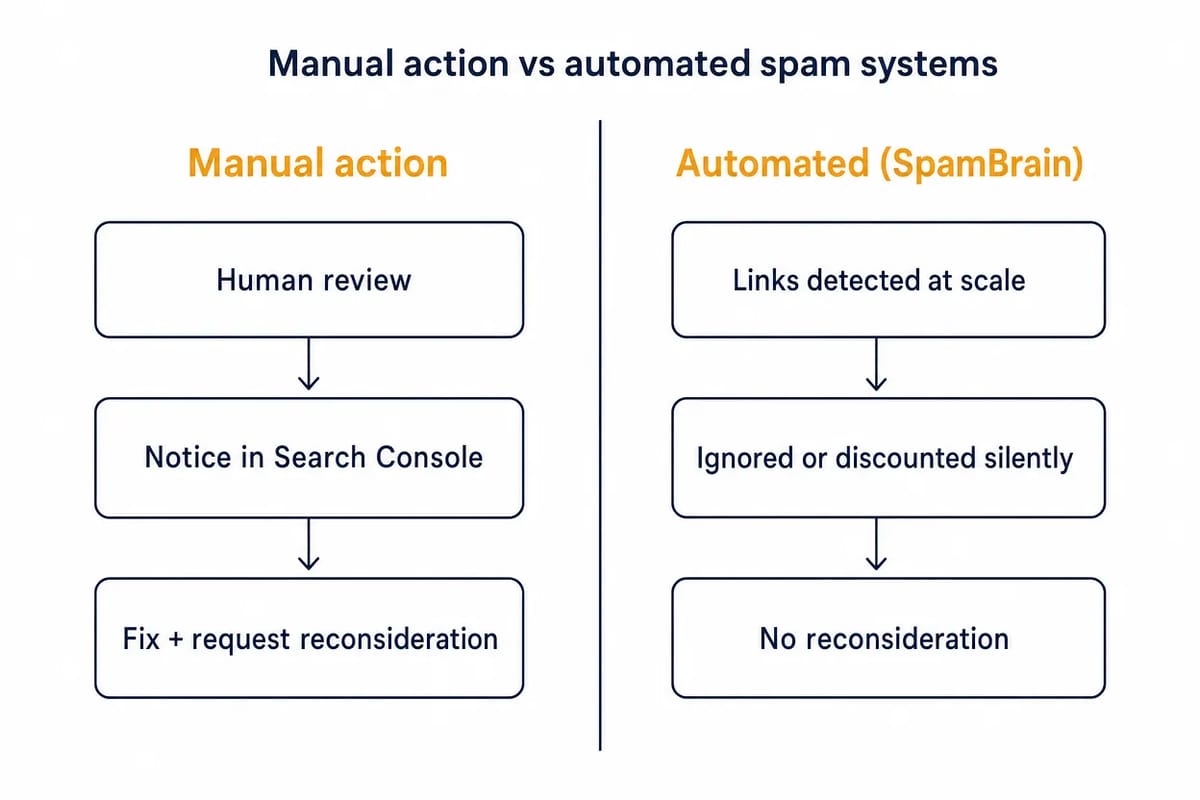 Two-path diagram comparing a manual action review flow with automated SpamBrain link handling.