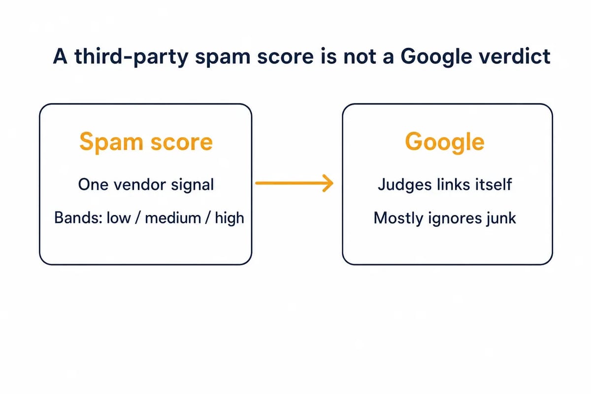 Contrast card showing a third-party spam score as one vendor signal versus Google judging links.
