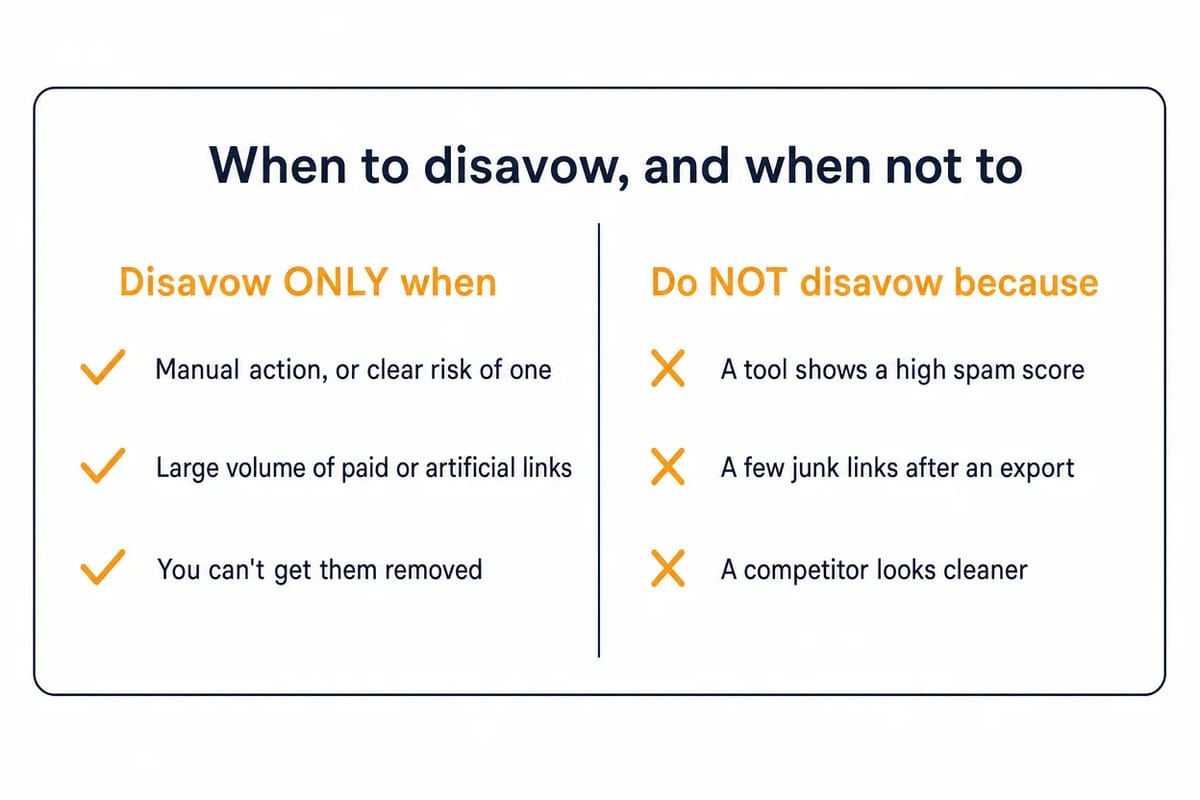 Two-column card showing when to use Google's disavow tool and when not to disavow backlinks.