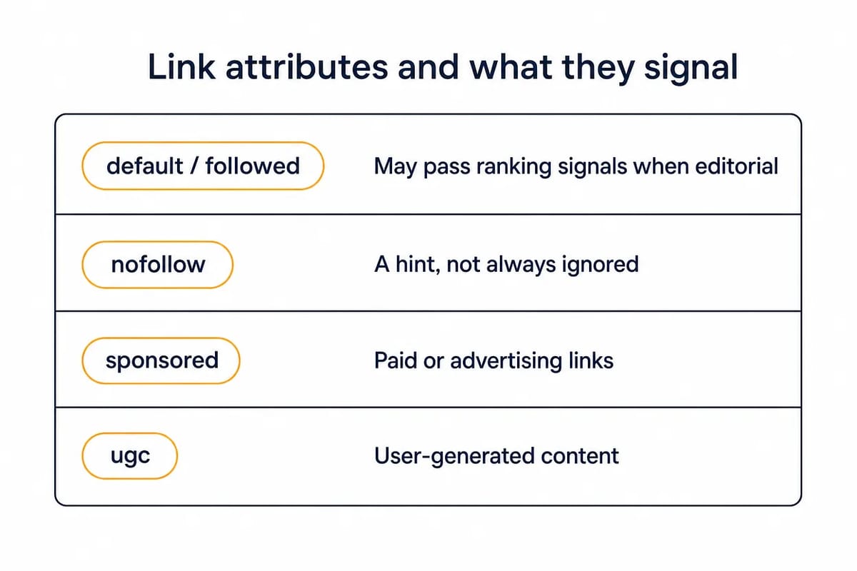 Link attributes card: default/followed, nofollow, sponsored and ugc rows and what each one signals.