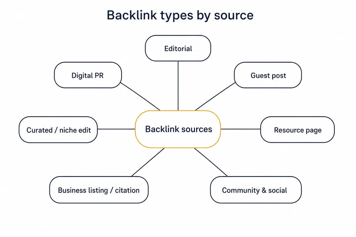 Hub-and-spoke map of backlink types by source: editorial, digital PR, guest post, curated, resource, listings, community.