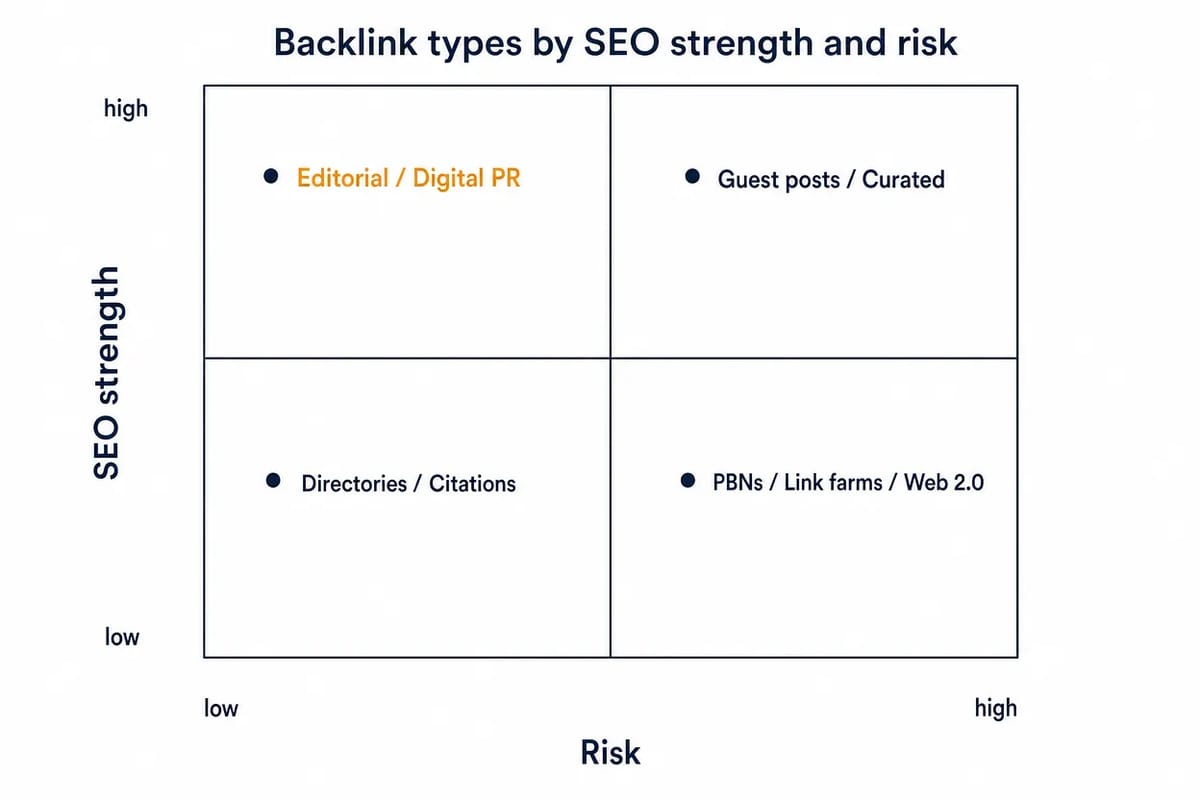 Quadrant chart placing backlink types by SEO strength and risk, from editorial links to risky PBNs and link farms.