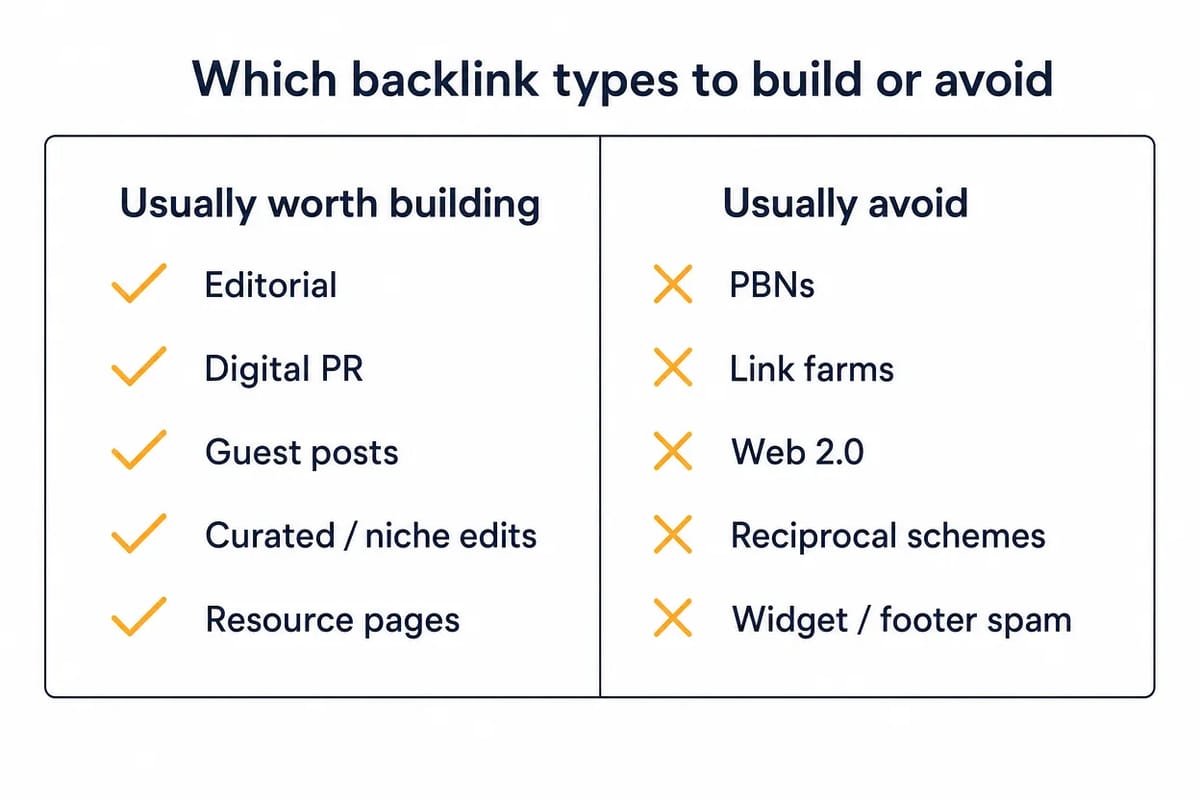 Two-column card of backlink types usually worth building versus those to usually avoid, such as PBNs and link farms.
