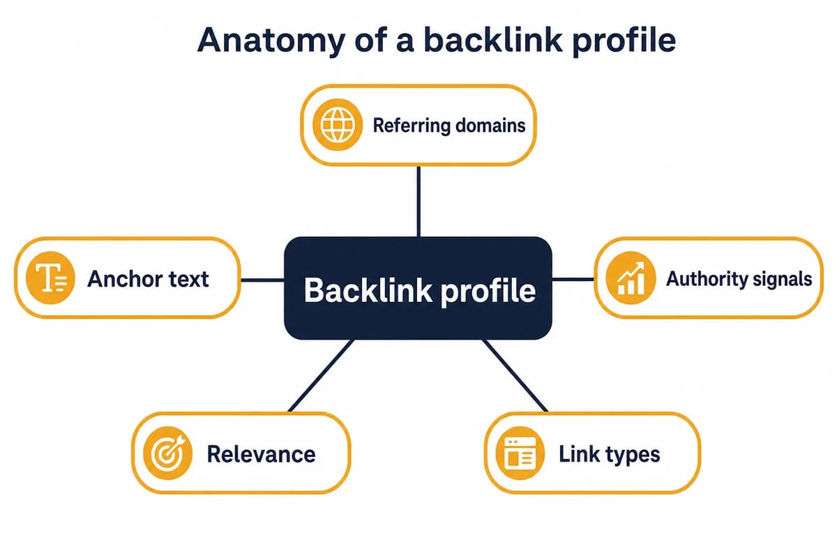 Anatomy of a backlink profile: referring domains, anchor text, authority signals, relevance and link types feeding one profile.