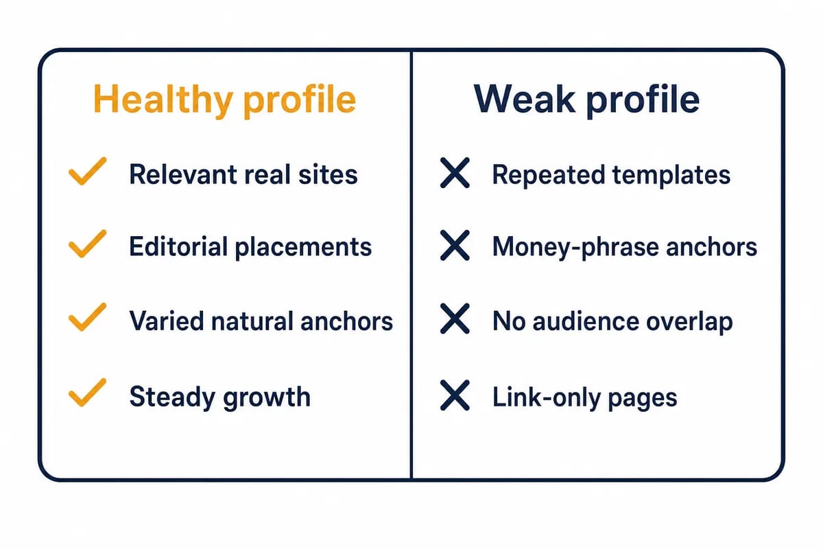 Healthy versus weak backlink profile compared: relevant editorial links and varied anchors versus repeated templates and money-phrase anchors.