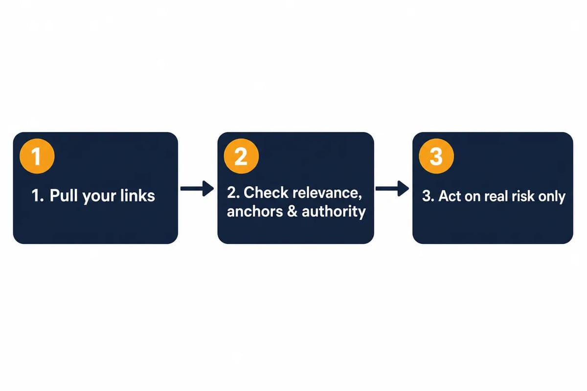 How to review your backlink profile in three steps: pull your links, check relevance, anchors and authority, then act only on real risk.